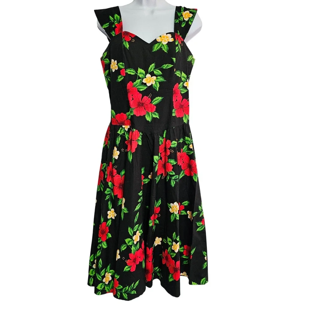 Vintage Royal Creations Hawaiian Dress‎ Black Red Hibiscus Floral Midi Smocked M